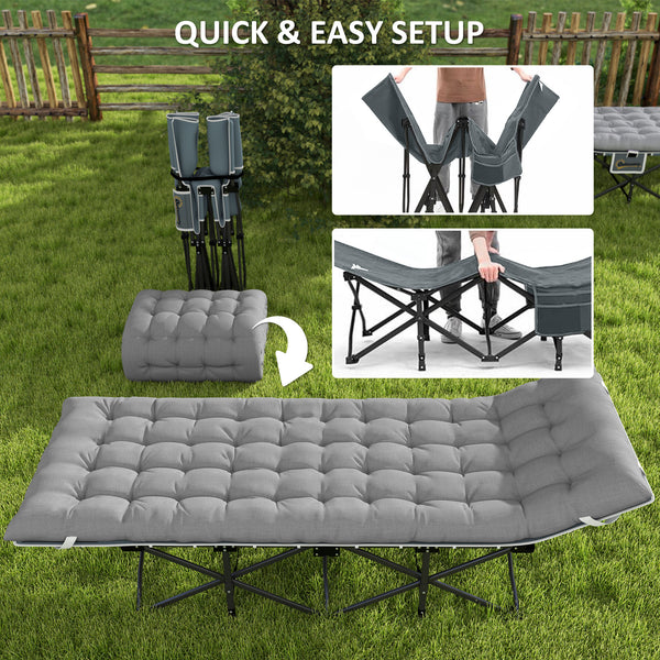 Adult Camp Bed with Mattress, Carry Bag, Storage Pocket, Light Grey