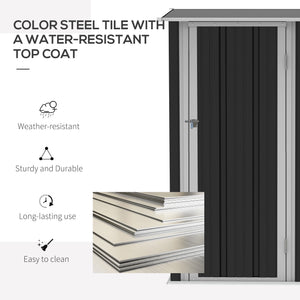 Metal garden shed with sloping roof and lockable door for tools, grey