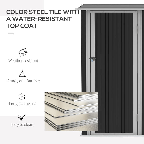Metal garden shed with sloping roof and lockable door for tools, grey