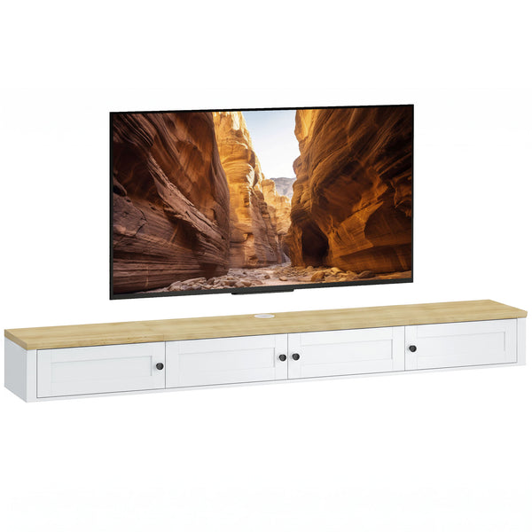 Wall-mounted floating TV stand for up to 82" TVs with storage and charging station, white