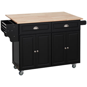 Rolling kitchen island with drop leaf, rubberwood top and adjustable shelves, black