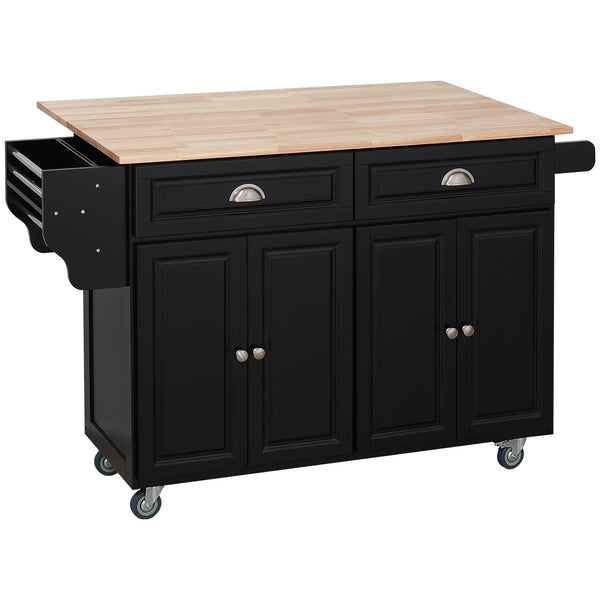 Rolling kitchen island with drop leaf, rubberwood top and adjustable shelves, black