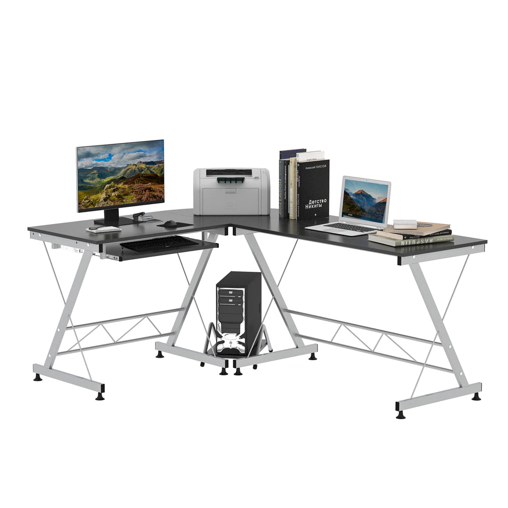 L-Shaped Computer Desk with Keyboard Tray and Laptop Stand