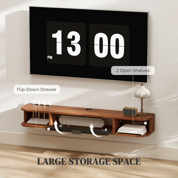 47" Floating Wall Mounted TV Stand with Drop-Down Drawer and 2 Open Shelves, Walnut