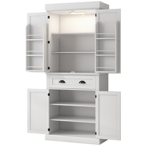 71" Kitchen pantry with LED lighting, 6 spice racks, 1 drawer and 4 adjustable shelves, white