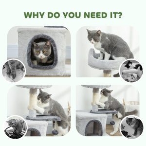 71 cm cat tree with soft bed, comfortable den, scratching post and hanging ball, light grey