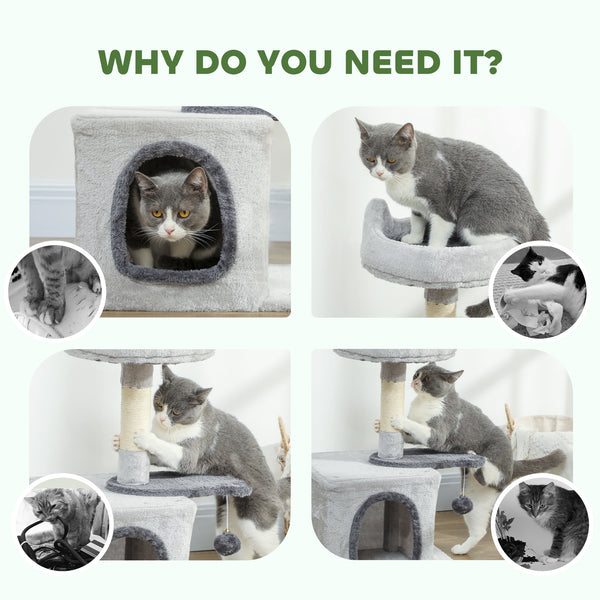 71 cm cat tree with soft bed, comfortable den, scratching post and hanging ball, light grey