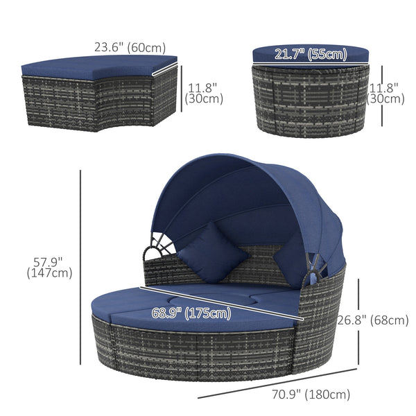 4-Piece Outdoor Chaise Lounge with Retractable Canopy, Dark Blue