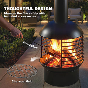 Wood-burning outdoor fireplace with poker, charcoal grate, modern design chimney, black