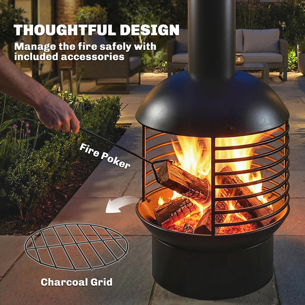 Wood-burning outdoor fireplace with poker, charcoal grate, modern design chimney, black