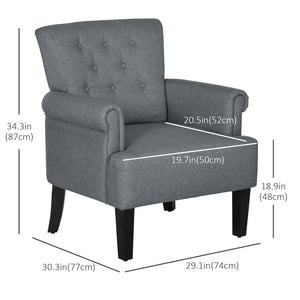 Fabric accent chair with wooden legs and rounded armrests, gray