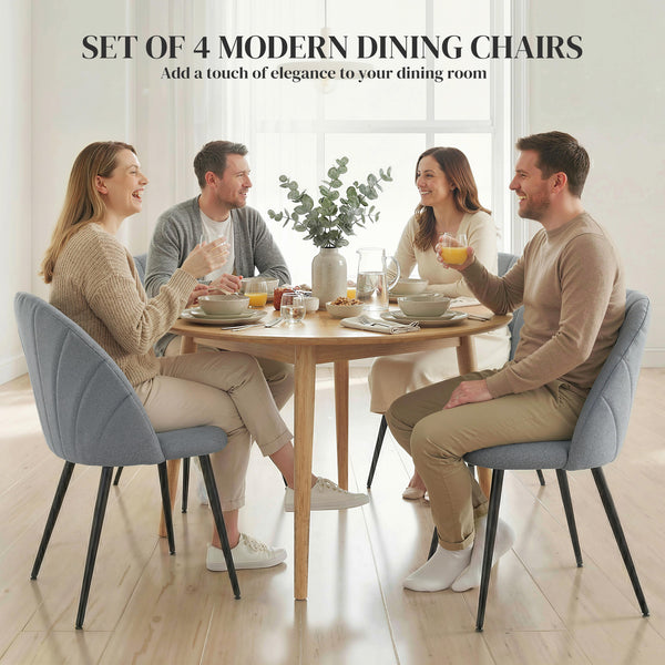 Set of 4 modern dining chairs, upholstered with metal legs, shell back and padded seat, grey.