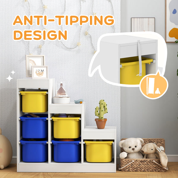 3-Tier Storage Shelf with 6 Plastic Bins, Yellow and Blue