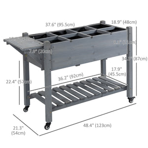 Raised garden bed with 8 compartments and storage shelf, grey