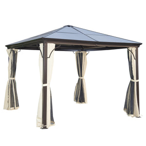 10 x 10 ft Hardtop Gazebo, Heavy Duty Shelter, Sun Shade with Curtain, Beige and Coffee 