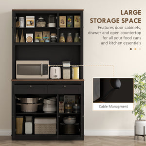 Storage cabinet with microwave space, sideboard with hutch, 2 drawers, adjustable shelves and glass doors, black