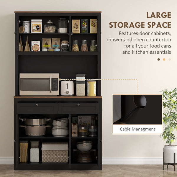 Storage cabinet with microwave space, sideboard with hutch, 2 drawers, adjustable shelves and glass doors, black