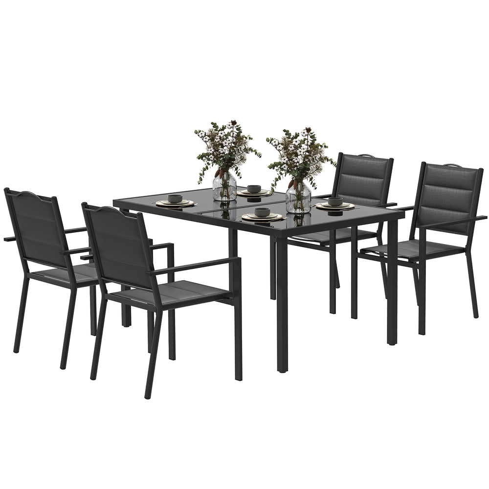 5-Piece Outdoor Dining Set with 4 Stackable Chairs, Rectangular Table, Tempered Glass Top, Steel Frame, Black