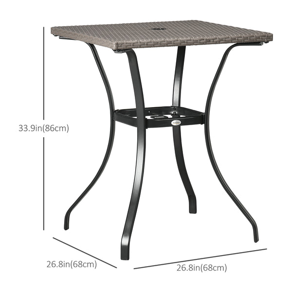 Outdoor coffee table in woven resin with a hole for a parasol, light grey