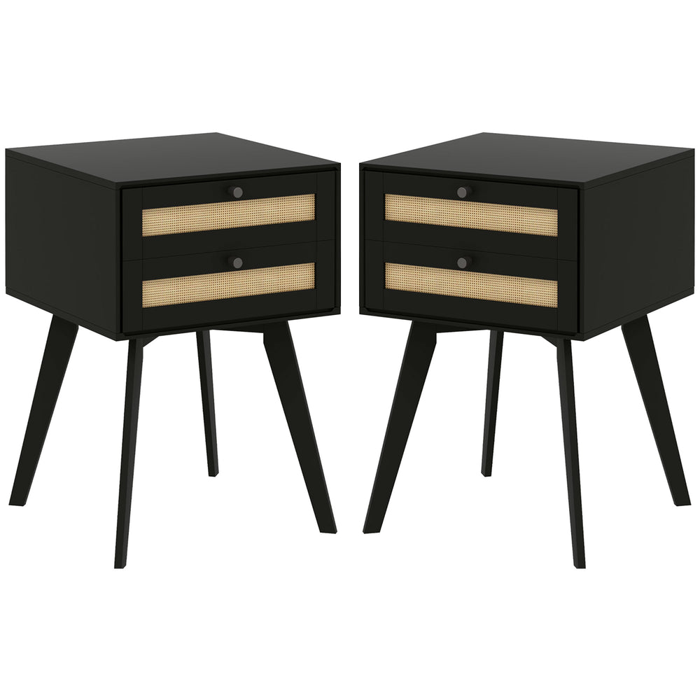 Set of 2 Bohemian Bedside Tables with 2 Drawers in Rattan, Black