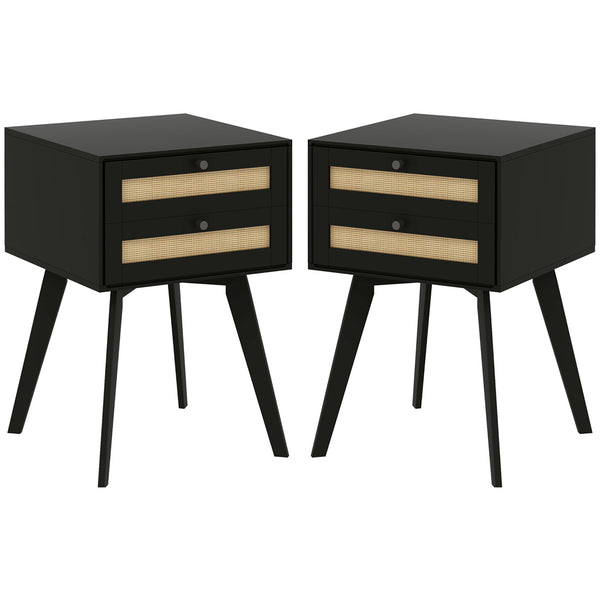 Set of 2 Bohemian Bedside Tables with 2 Drawers in Rattan, Black