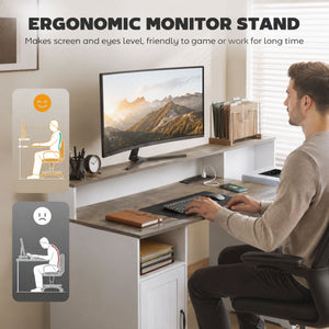 65" desk with storage and outlets, white and brown
