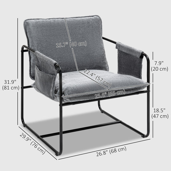 Armchair with side pockets and steel frame, gray