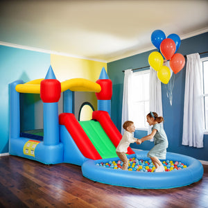 4-in-1 bouncy castle with slide, basketball hoop, ball pit, blower and storage bag