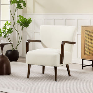 Accent chair with wooden legs, thick padding, cream white
