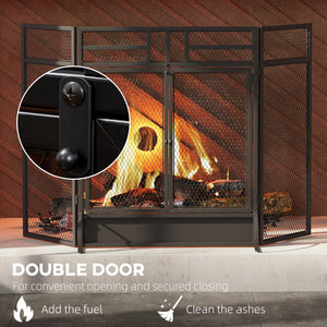 Decorative 3-panel steel mesh fire screen with double doors, black
