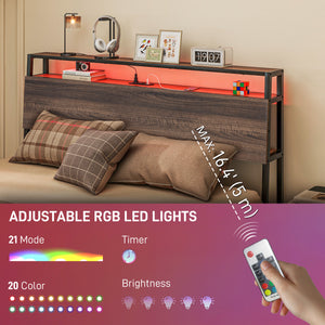 Queen Size Bed Base with LED Lighting and Charging Station, Walnut