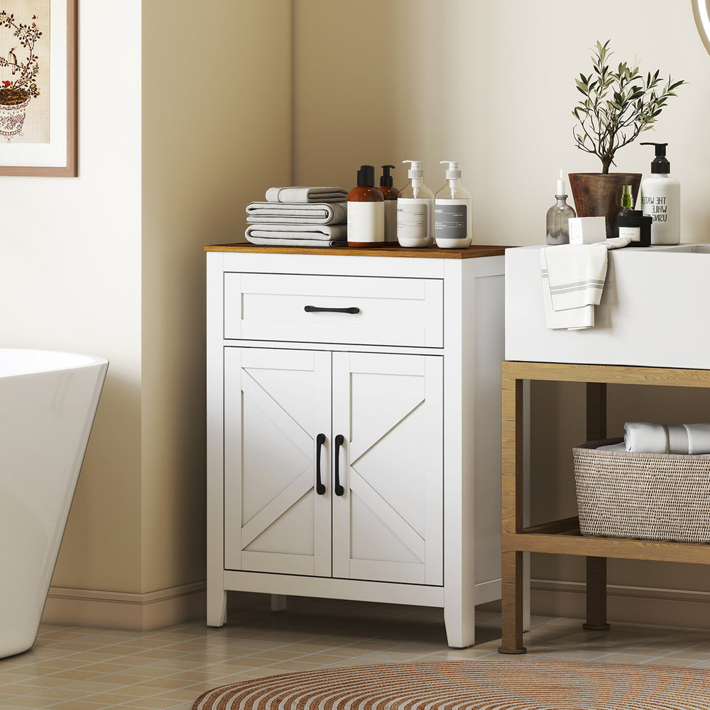 Bathroom cabinet with drawer, white and walnut