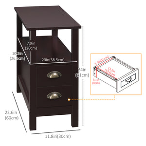 Narrow side table with 2 drawers and storage shelf, coffee