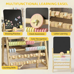 Double-sided children's easel with abacus and clock, natural wood