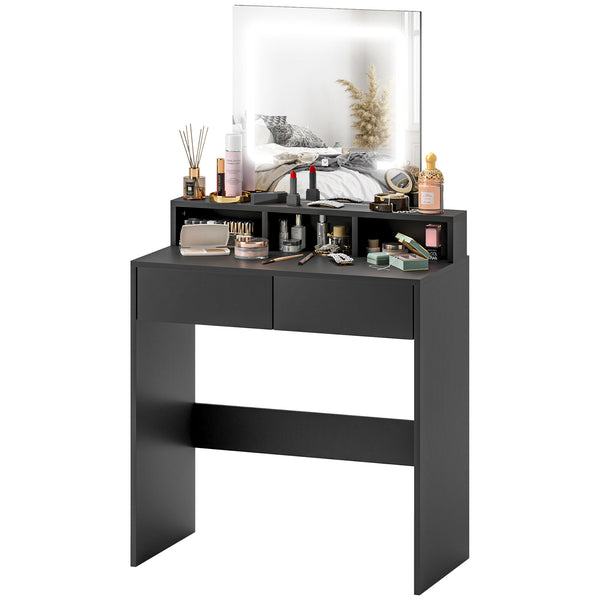 Dressing table with LED lighting, drawers and compartments, black