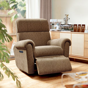 Electric reclining chair, upholstered in fabric, with USB ports, swivel and rocking function, and footrest.
