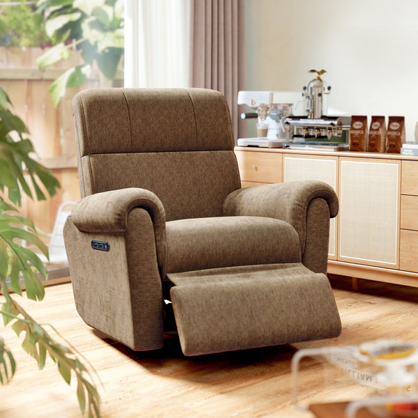 Electric reclining chair, upholstered in fabric, with USB ports, swivel and rocking function, and footrest.