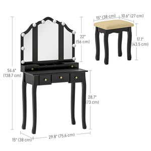 Dressing table with stool, 10 LED lights, 5 drawers and 3 compartments, black