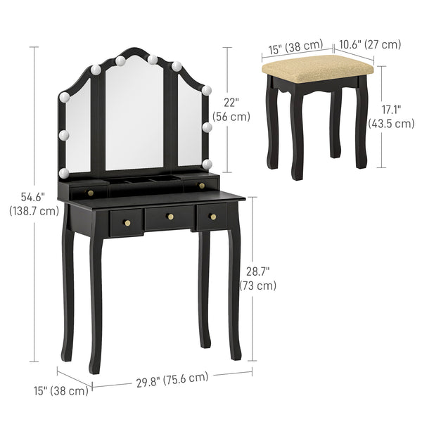 Dressing table with stool, 10 LED lights, 5 drawers and 3 compartments, black