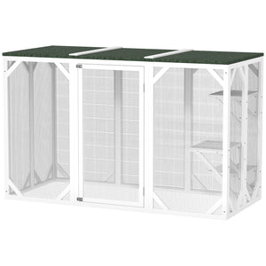 Cat enclosure with waterproof roof, multi-level platforms, lock, white