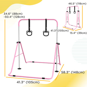 Foldable and height-adjustable gymnastics bar with rings, pink