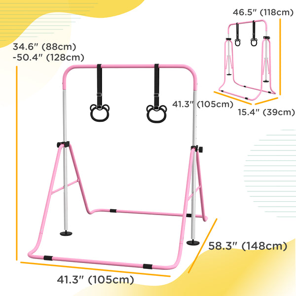 Foldable and height-adjustable gymnastics bar with rings, pink