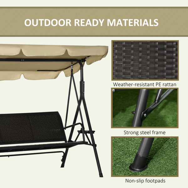 Outdoor 3-Seat Porch Swing with Canopy, Rattan Seat, Removable Cushion, Pillows and Steel Frame