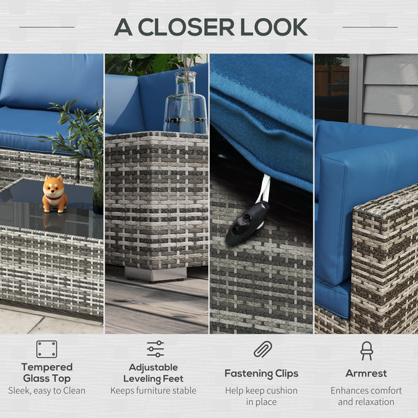 Modular 7-piece garden set in woven resin with coffee table, blue