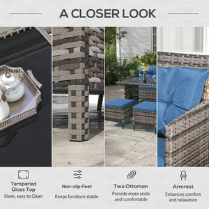 6 Piece Outdoor Rattan Sofa Set with Dining Table and Chairs Blue