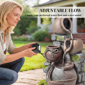 Outdoor fountain with 4-tier rustic pot, LED lighting, and adjustable flow.
