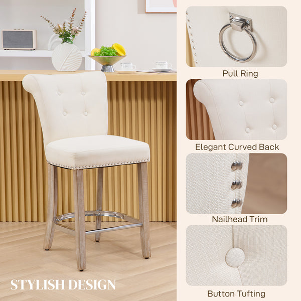 Set of 2 padded bar stools with tufted backrest, cream white