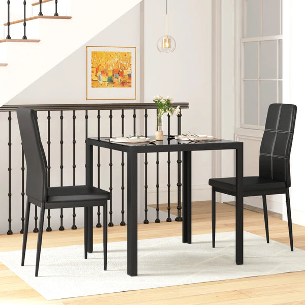 Glass Dining Table and Chair Set with Metal Frame and Faux Leather Upholstery, Black