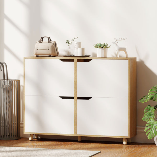 Narrow shoe cabinet for 16 pairs of shoes with 4 hinged drawers and adjustable shelves, natural color