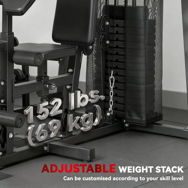 Multifunction home gym with 152 lb adjustable weight stack